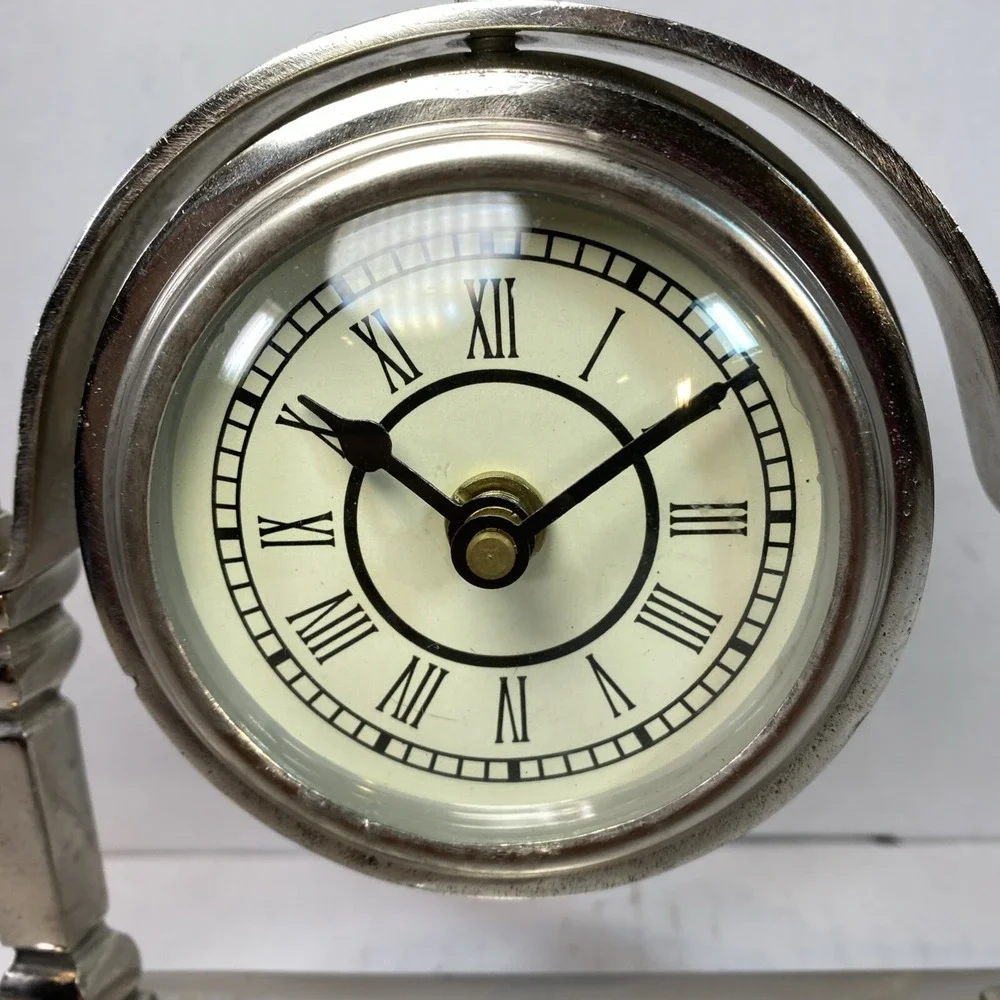 Table Clock Swing Mid Century Home Accent - Desk Display ~ Silver  ~ Clock Works